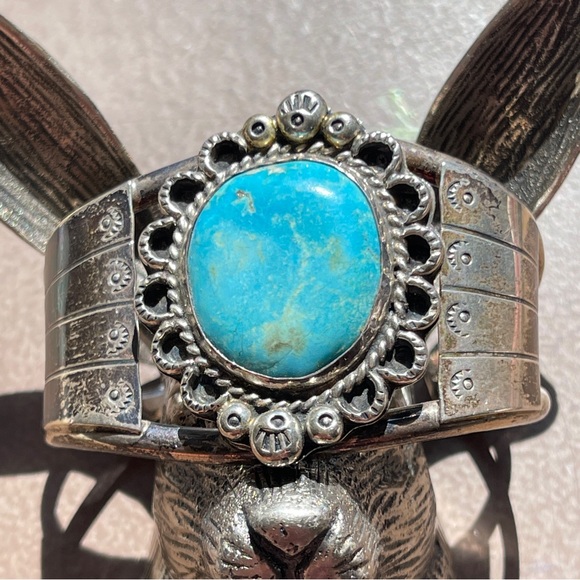 Native American Jewelry - LARGE Navajo Signed Oval Turquoise Sterling Silver Vintage Cuff Bracelet